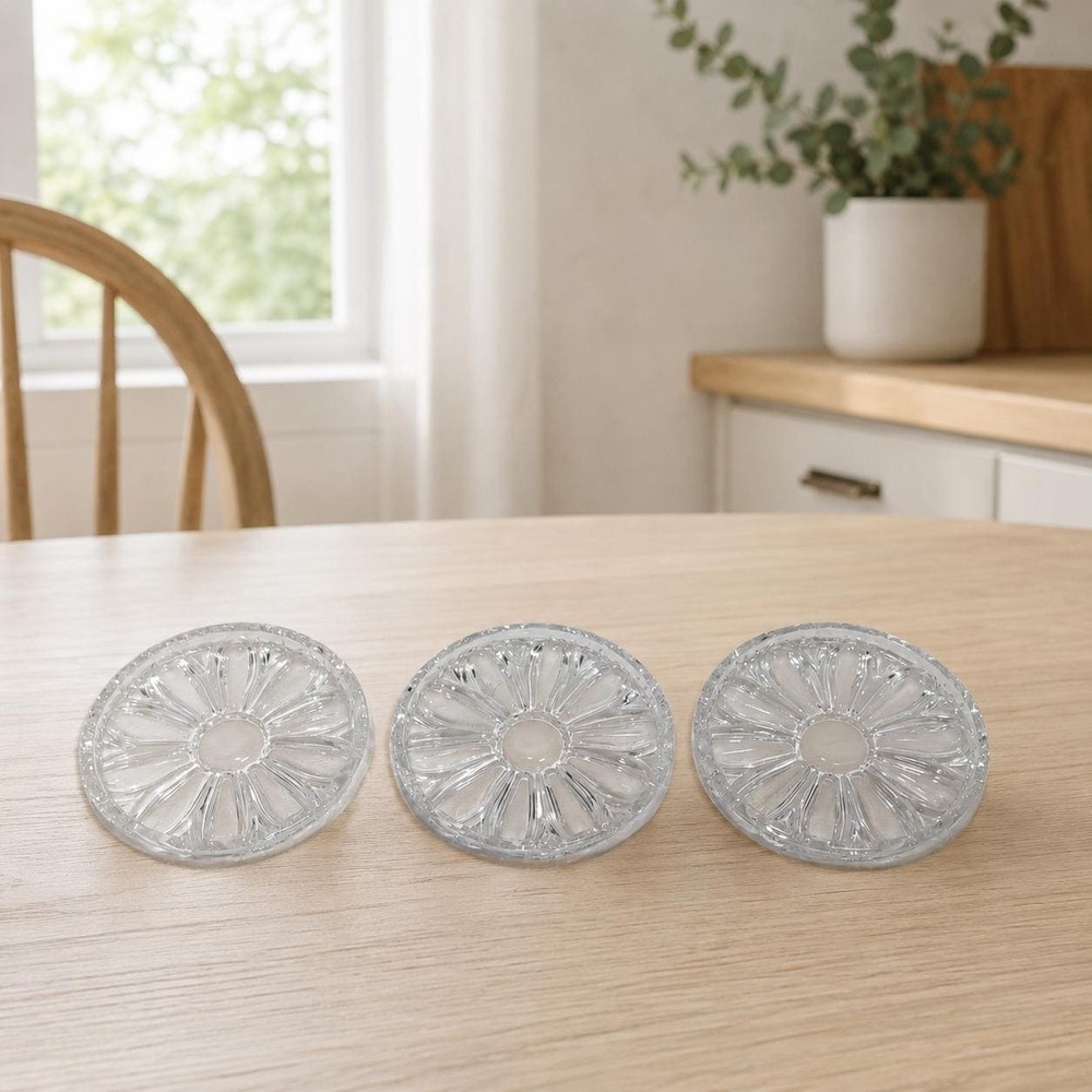 Set of 3 Clear Cut Glass Flower Drink Coasters 3.75 Inch